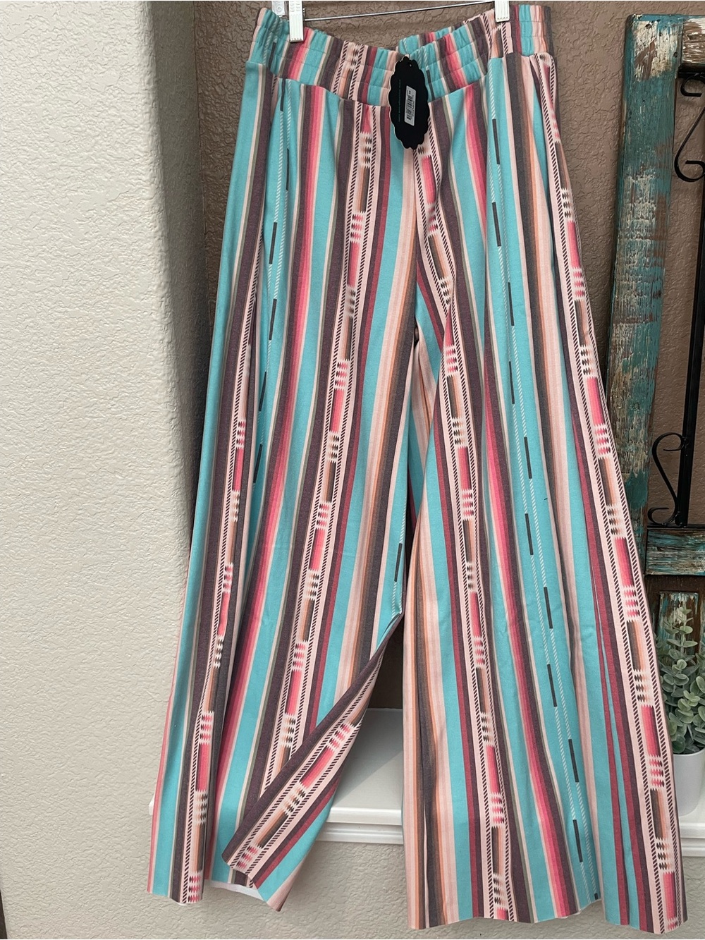 Women's Wide-Leg Striped Pants in Aztec, Aqua & Coral
